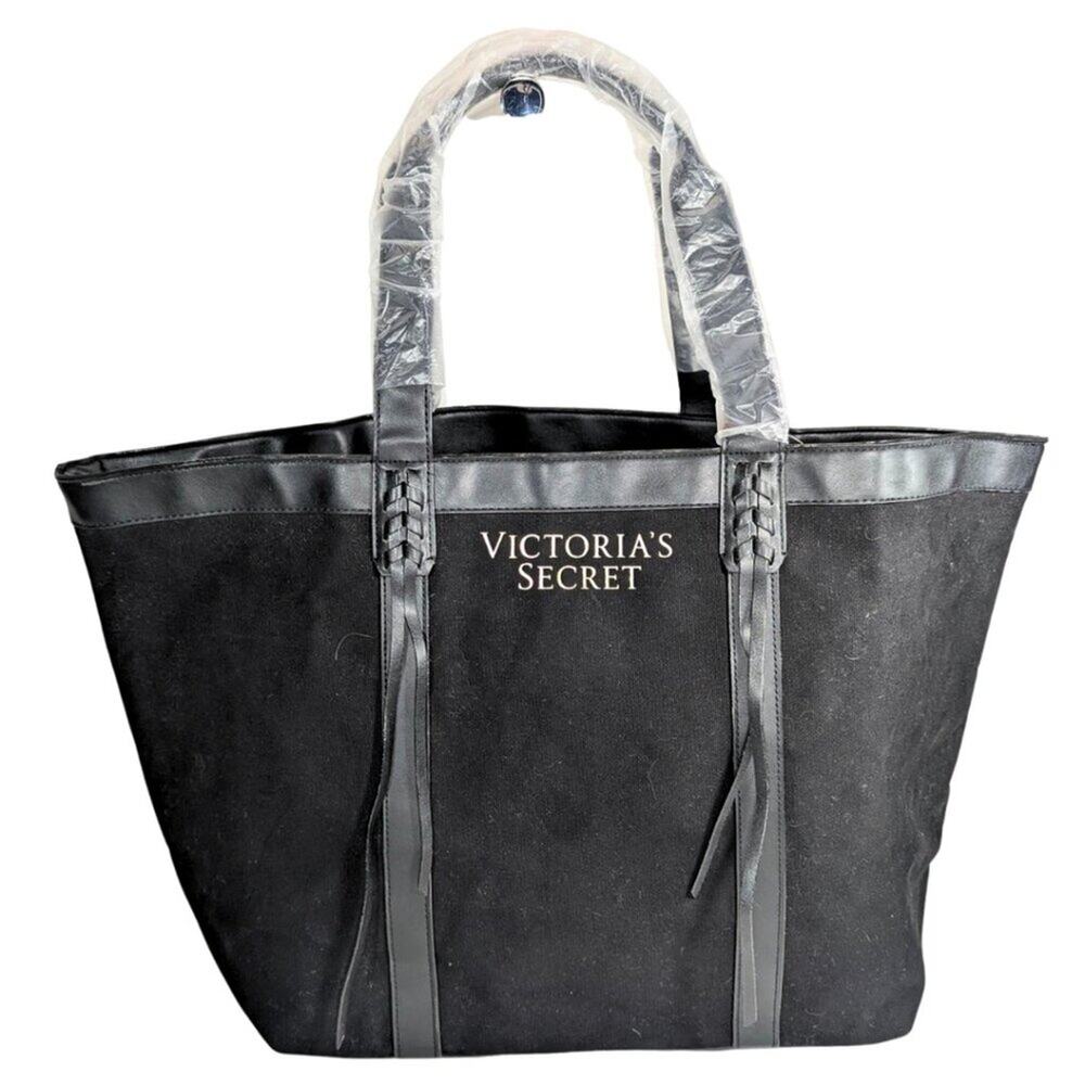 Victoria's Secret NWT Black Canvas Faux Leather Large Lined Fringe Tote
